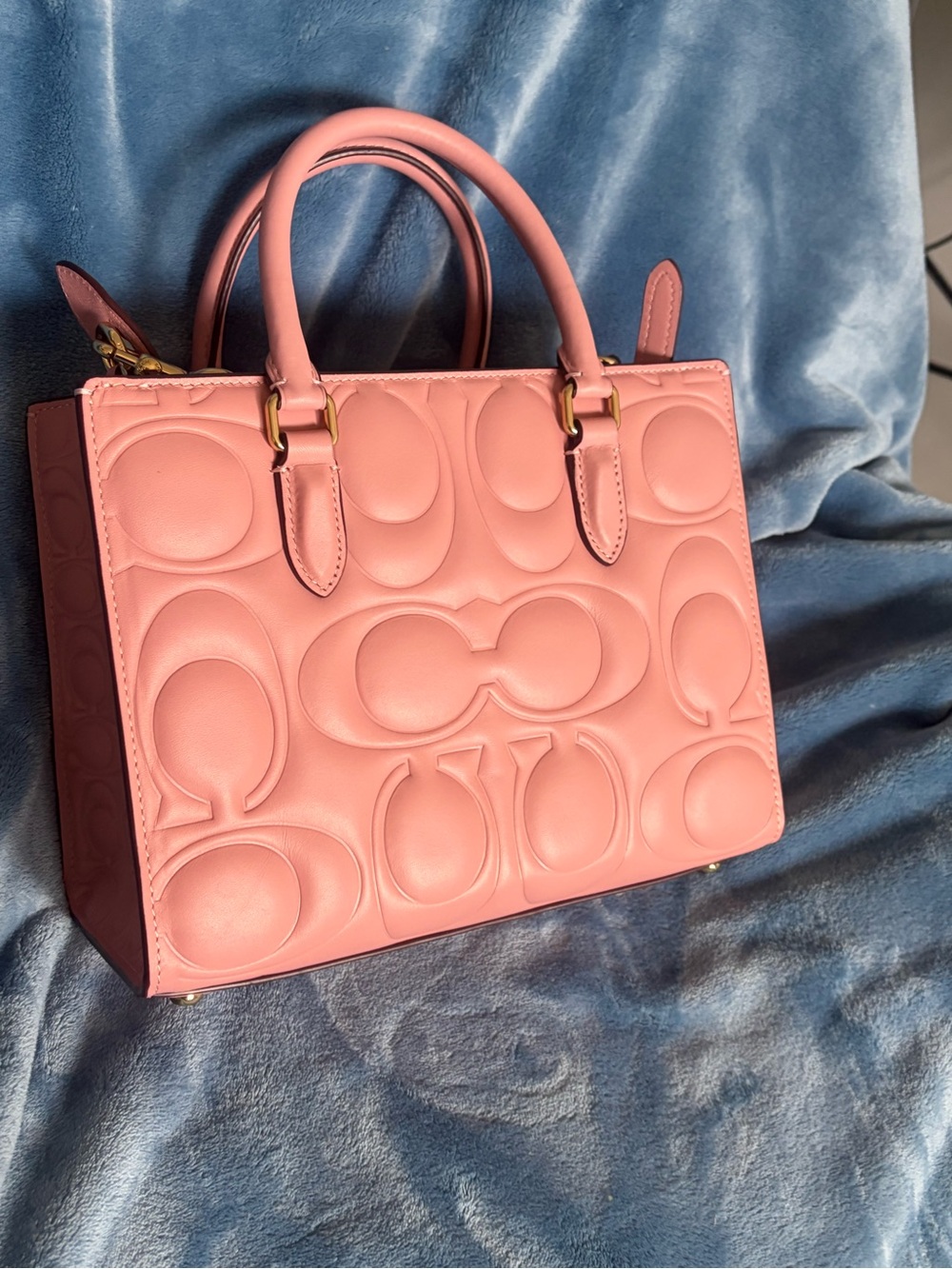 Coach Pink Embossed Signature Leather Satchel with Gold Hardware charm not inc. - Picture 2 of 6